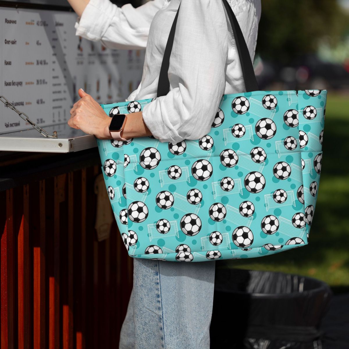 Yoga Fitness Tote - Piłka nożna i bramka, turkusowy wzór